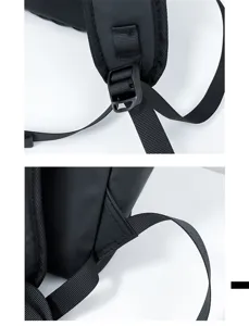 Detailed view of black backpack shoulder strap with durable buckle and neat stitching.