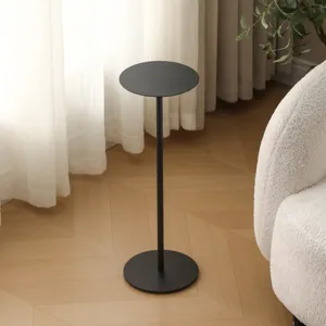 Modern minimalist black metal plant stand detail, round top table for indoor home decor.