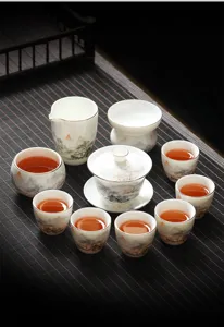 Détail du service à thé en céramique avec délicate peinture de paysage sur tasses blanches.