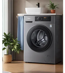 Modern grey front load washing machine with digital display panel for smart laundry care.