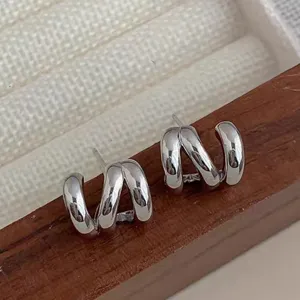 Silver geometric multi-strand wave earrings chic minimalist metal stud jewelry for women