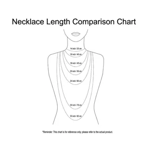 Necklace length size guide chart showing various drop lengths from 14 to 33 inches for fitting.