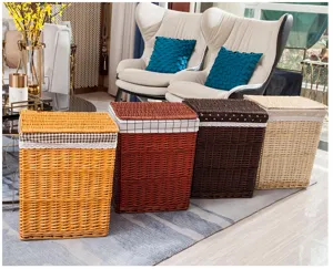 Cesta de ropa de mimbre con tapa, cesto de almacenamiento tejido para dormitorio.