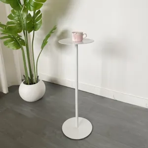 Detail view of a minimalist white metal plant stand, ideal for modern indoor corner decor.