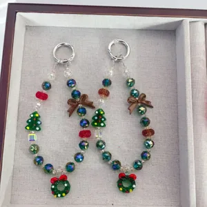Christmas Tree Series Glass Bead Phone Chain Wreath Bowknot Bag Key Pendant Holiday Fashion Jewelry Accessory