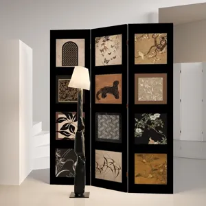 French vintage folding screen partition, wooden room divider for living room and bedroom decor.