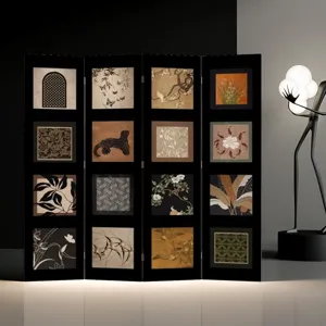 Vintage folding screen detail, French style black partition divider, decorative home accent.