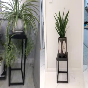 Modern black iron plant stand for indoor balcony home decor, sturdy floor-standing metal shelf.