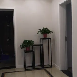 Detail view of the black metal plant stand showing its tiered design for indoor home decor.