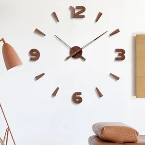 Minimalist walnut DIY wall clock for living room decor, retro silent wooden wall sticker.