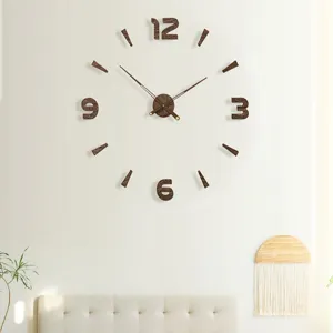 Modern wooden DIY wall clock with minimalist numbers for stylish living room decor.