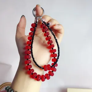 Red black beaded phone chain double layer crystal bag charm stylish minimalist accessory