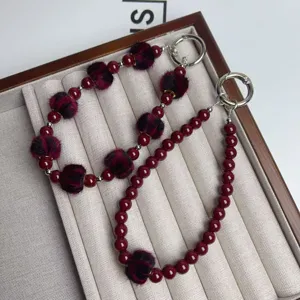 Vintage Burgundy Plush Ball Phone Chain Beaded Bracelet Bag Keychain Charm Elegant Women Jewelry Gift