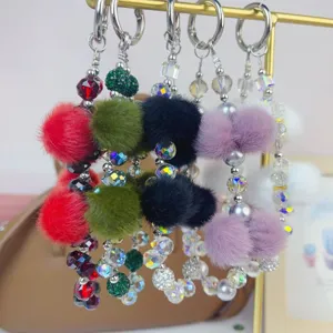 Original Autumn Winter Niche Plush Pom Pom Crystal Phone Chain Handheld Lanyard Cute Keychain Earphone Pendant Chain Jewelry