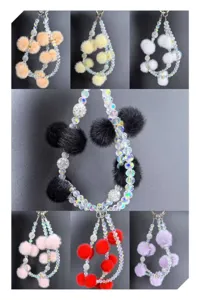 Pom pon di peluche cinturino cellulare perle cristallo cordino inverno accessorio