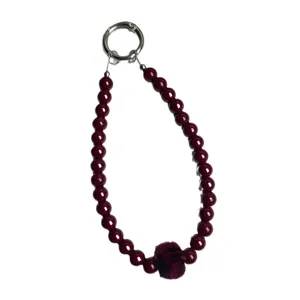 Wine Red Beaded Phone Chain Vintage Pom Pom Bag Charm Elegant Beaded Bracelet Keychain