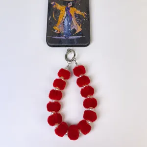 Plush pom pom phone charm red fluffy balls pearl beaded phone strap decorative lanyard