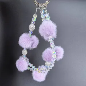 Ciondolo per telefono pon pon viola perle di cristallo cinturino da polso accessorio autunno.