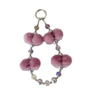 Fluffy plush crystal phone chain and cute pearl beaded strap keychain for trendy bags.