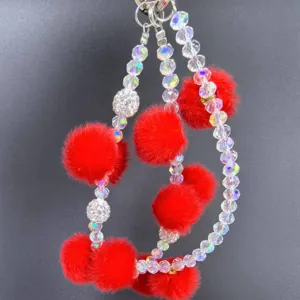 Cordino per cellulare pon pon rosso perle di cristallo accessorio invernale doppia catena