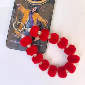 Fluffy Plush Pom Pom Phone Charm Red Pearl Beaded Bag Keychain Cute Winter Accessory