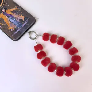 Red plush pom pom pearl wrist strap phone charm cute bag keychain winter accessory