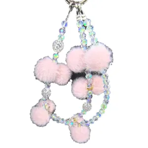 Catena telefono pon pon rosa perle cordino polso cristallo carino soffice accessorio per donna