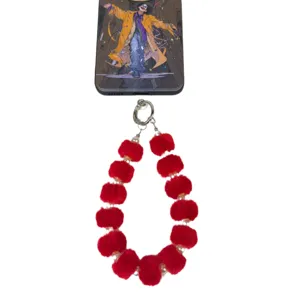 Plush Pom Pom Phone Charm Red Fluffy Ball Beaded Strap Cute Bag Key Chain Accessory