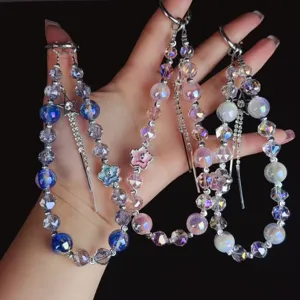 Korean Style Glass Crystal Beaded Phone Chain Floral Bag Pendant Tassel Rearview Mirror Lanyard Accessories