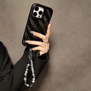 Creative Black Cracked Glass Beaded Phone Lanyard Short Wrist Strap Keychain Bag Pendant