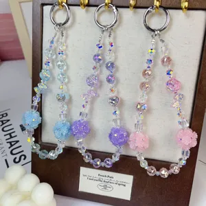 Crystal Beaded Phone Chain Lanyard Cute Rose Flower Ball Bag Pendant Accessories Women Fashion Key Chain Handbag Charm