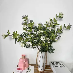 Nordic artificial Kalanchoe flower bouquet with modern geometric metal vase for home decor.
