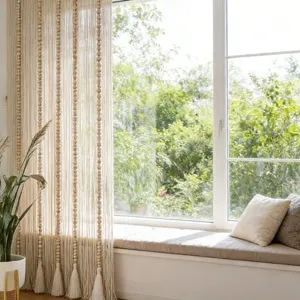 Handmade macrame beaded tassel curtain for Nordic style room divider and window decor.