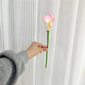 Einzelner künstlicher Calla-Lily-Blumen-Detail-Nahaufnahme, rosa-weiße Blume mit grünem Stiel in Hand.