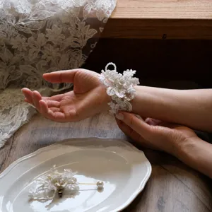 White Lace Wedding Boutonniere Wrist Corsage Pearl Bowknot Floral Accessories