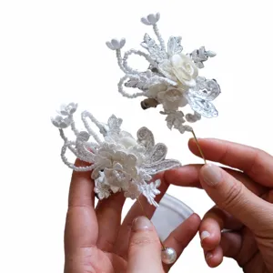 White lace flower brooch boutonnieres with pearls for wedding bridal party dress accessories