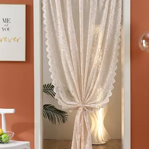 Elegant lace door curtain, sheer jacquard fabric, light filtering room divider, beige.