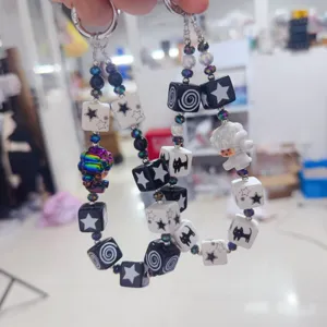 Sweet cool black white beaded phone lanyard short cartoon sheep charm trendy accessory chain.
