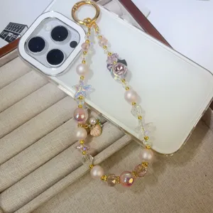 Chic crystal beaded phone chain with cute star and shell charms, premium alloy phone strap.
