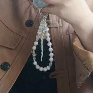 Pearl bow mobile phone charm crystal beaded strap cute sparkly key pendant phone lanyard accessory