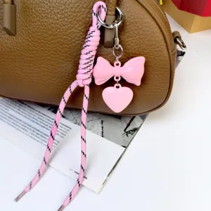 Pink bow and heart bag charm with braided rope stylish keyring purse pendant accessory