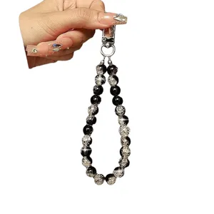 Stylish black cracked bead wrist strap phone charm short lanyard keychain bag pendant