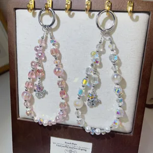 Crystal beaded phone charm short wrist strap luxury style cute fox pendant accessory for case