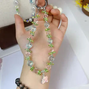 Crystal beaded phone charm and strap with colorful beads and cute butterfly pendant for bags.