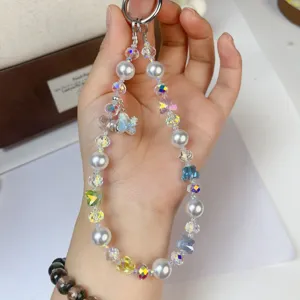 Luxury crystal beaded phone charm strap elegant pearl wrist chain bag pendant accessory