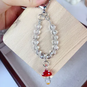 Crystal beaded mushroom charm short lanyard phone chain detail view pendant accessory.