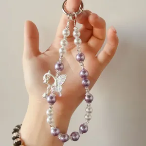 Pearl Beaded Phone Lanyard Wrist Strap Cute Butterfly Keychain Charm Accessory for Case