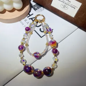 Handmade double layer beaded phone charm purple crystal gilt pendant cute keychain strap accessory