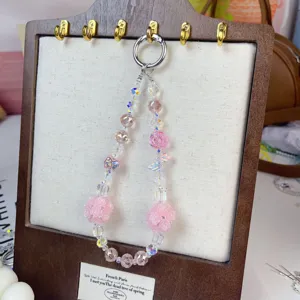 Pink crystal rose bead phone charm aesthetic beaded bag pendant cute keychain accessories