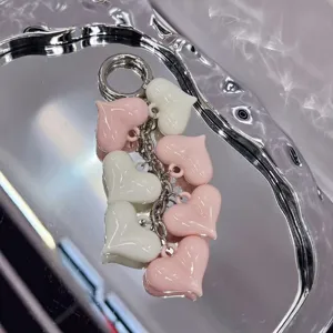 Colorful acrylic resin heart keychain bag charm, cute sweet accessory for keys and bags.